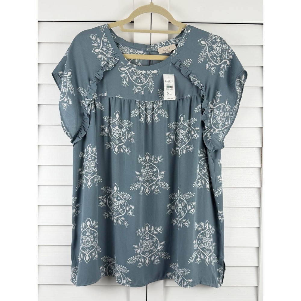 LOFT Blouse XL Blue Medallion Print Ruffle Flutter Sleeve NEW